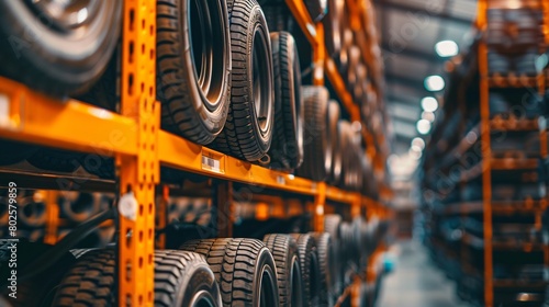 warehouse shelves of car tires photo