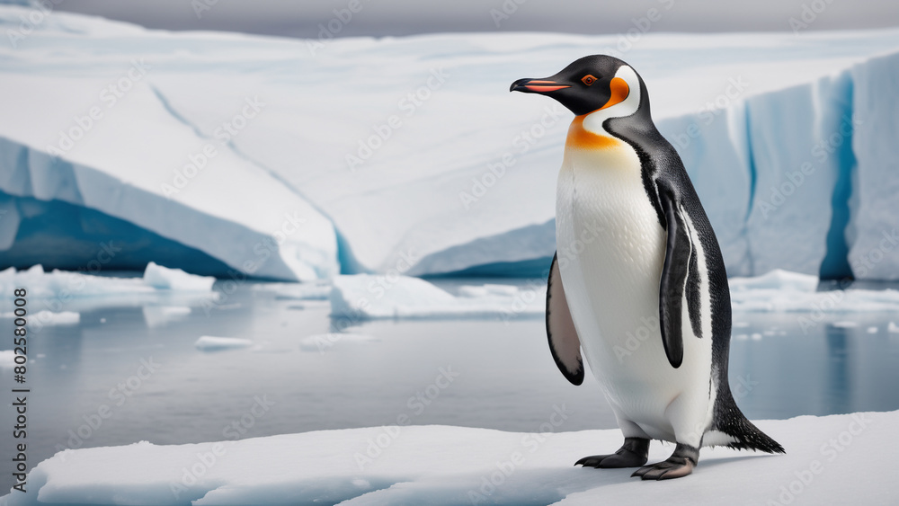 Naklejka premium Penguin standing on a glacier in Antarctica. - Generative AI