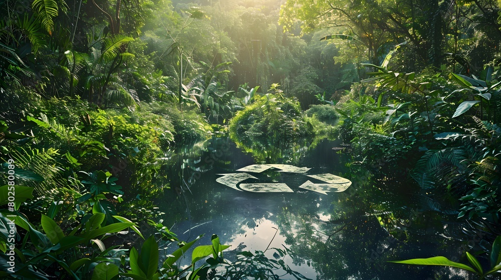 A lake in the shape of a recycling sign in the middle of untouched nature. An ecological metaphor for ecological waste management and a sustainable and economical lifestyle. 3d rendering