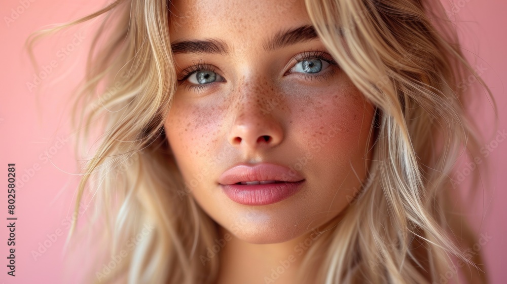 Close-Up Portrait of a Beautiful Blonde Girl with Freckles and Full Lips Close-Up Portrait of a Beautiful Blonde Girl with Freckles and Full Lips