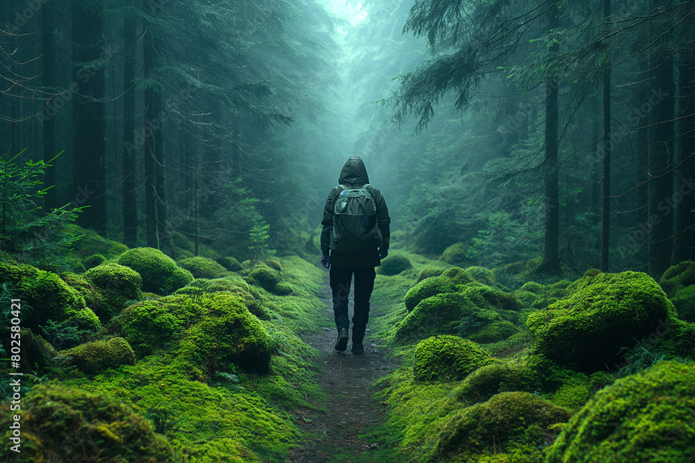 Solitary Hike in a Lush, Moss-Covered Forest Solitary Hike in a Lush, Moss-Covered Forest