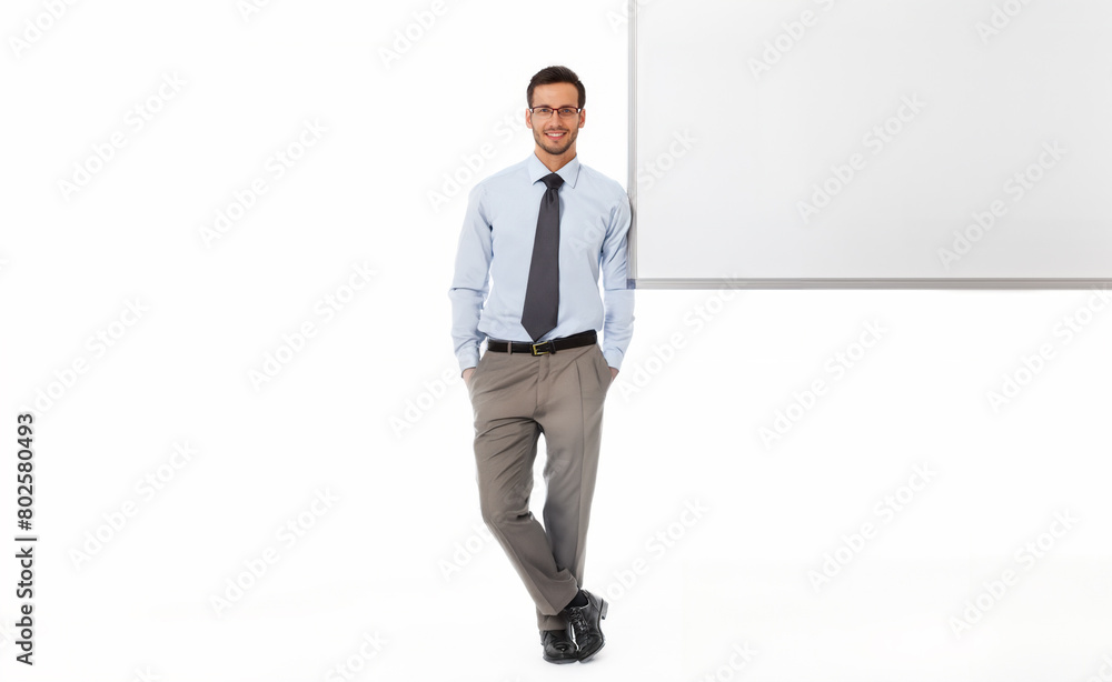 A smart young smiling businessman standing next to a blank empty whiteboard, isolated on a white background. Advertisement, business, office, presentation concept mockup with copy space A smart young smiling businessman standing next to a blank empty whiteboard, isolated on a white background. Advertisement, business, office, presentation concept mockup with copy space