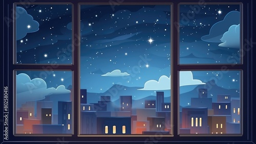 Cartoon illustration of a starry night view from a window overlooking a quiet town