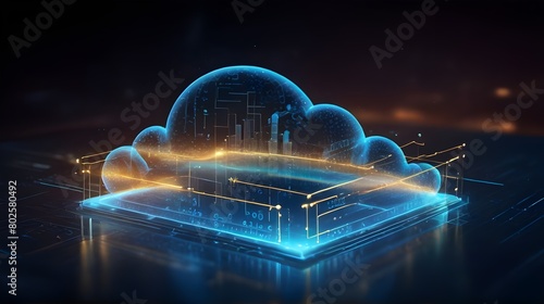 Futuristic Hologram: Digital Information Technology Web with Cloud Computing Abstract Motion,Technology Presentations, Cloud Computing Software Demos, Digital Marketing Campaigns photo