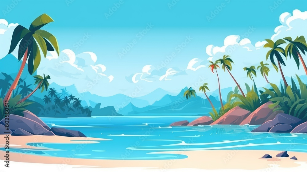 Obraz premium Cartoon illustration of a panoramic tropical island, with lush palms and serene sea, evoking a peaceful nature scene