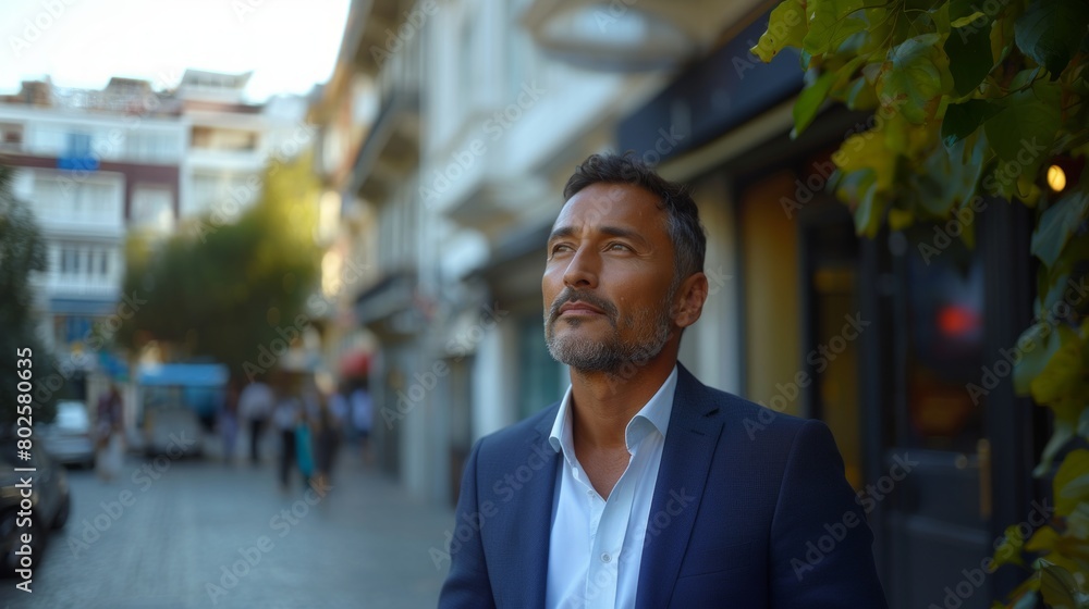 Confident Middle-Aged Businessman Reflecting on Achievements in Urban Setting Confident Middle-Aged Businessman Reflecting on Achievements in Urban Setting