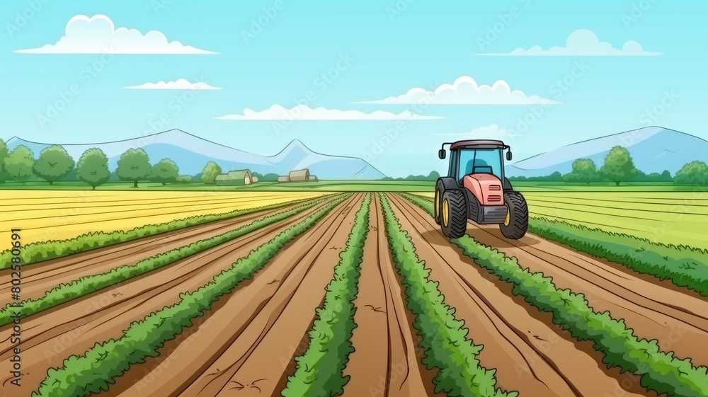 Cartoon illustration of a tractor plowing through a farm field, showcasing traditional agricultural life Cartoon illustration of a tractor plowing through a farm field, showcasing traditional agricultural life