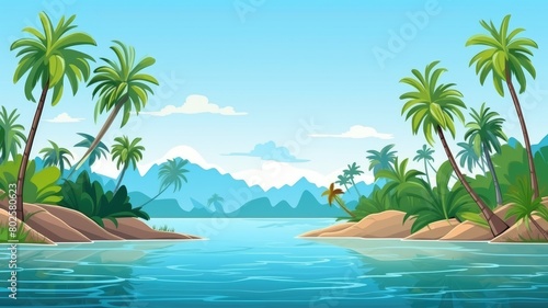 Cartoon illustration of a panoramic tropical island  with lush palms and serene sea  evoking a peaceful nature scene