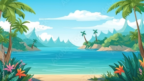 Cartoon illustration of a tranquil tropical island, with lush palms and a serene sea, evoking a paradise escape