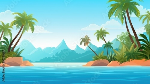 Cartoon illustration of a tranquil tropical island, with lush palms and a serene sea, evoking a paradise escape © chesleatsz