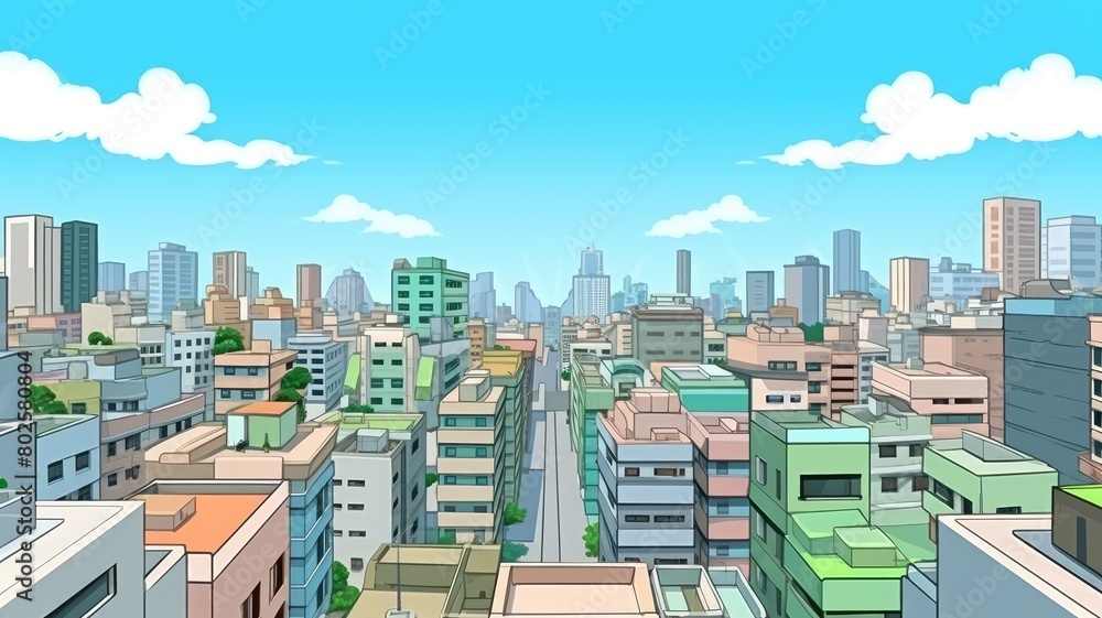 Cartoon illustration of a bustling cityscape, with colorful buildings under a clear sky, exuding urban charm