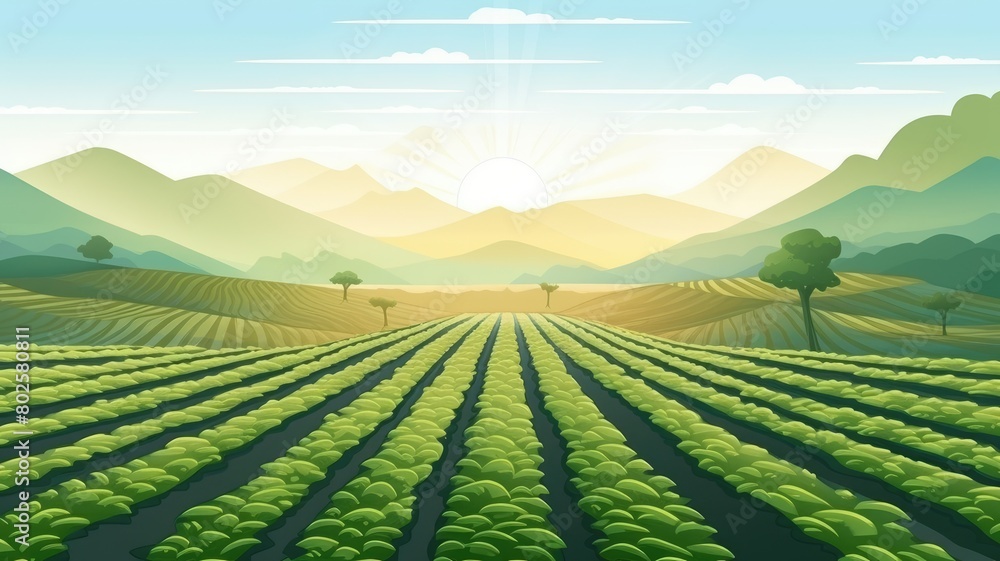 Cartoon illustration of terraced rice fields bathed in the warm glow of a sunrise, symbolizing a fresh, new day on the farm