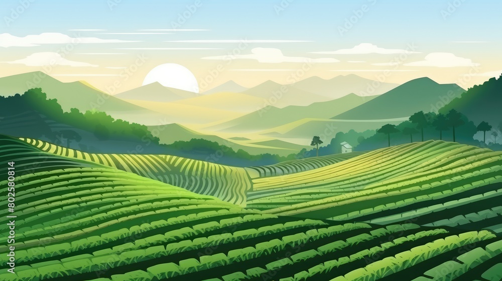 Cartoon illustration of terraced rice fields bathed in the warm glow of a sunrise, symbolizing a fresh, new day on the farm Cartoon illustration of terraced rice fields bathed in the warm glow of a sunrise, symbolizing a fresh, new day on the farm