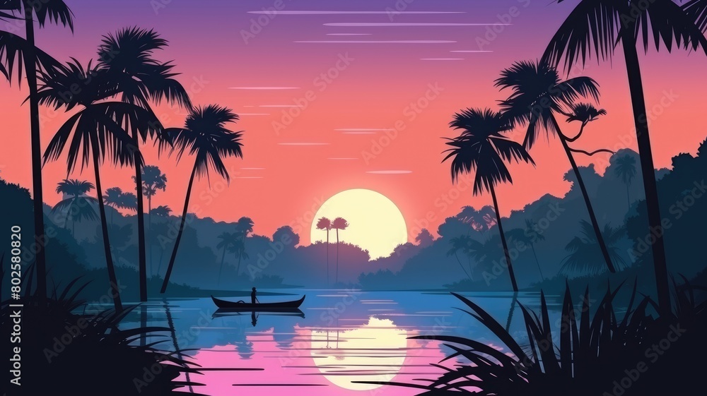 Cartoon illustration of a tropical jungle at sunset, with a serene lake reflecting the vibrant dusk sky