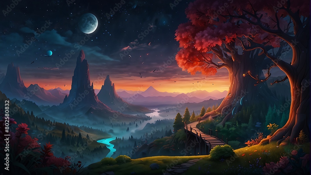 landscape with forest and mountains Enchanted Forest Mystical Fantasy Landscape 