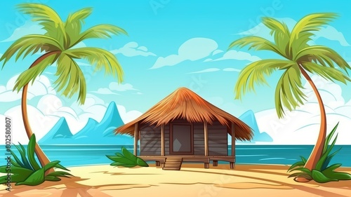 Idyllic cartoon illustration of a beach hut bungalow nestled between palm trees with a serene ocean backdrop