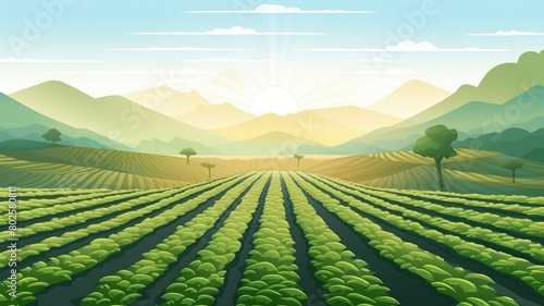 Cartoon illustration of terraced rice fields bathed in the warm glow of a sunrise  symbolizing a fresh  new day on the farm