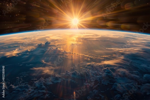 Sunrise view of the planet Earth from space with the sun setting over the horizon - generative ai