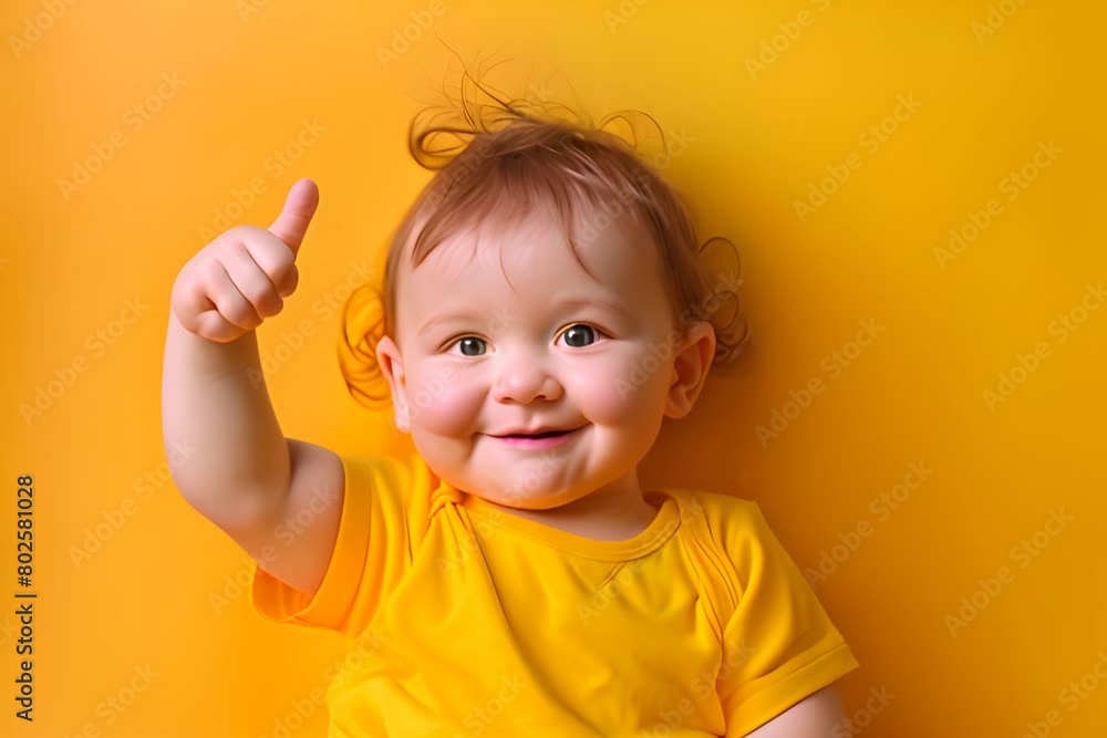 A cute little baby in yellow tshirt shows thumbs up. Generate AI image A cute little baby in yellow tshirt shows thumbs up. Generate AI image