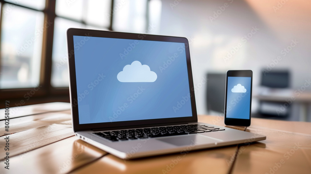 A laptop and smartphone displaying cloud icons on their screens, symbolizing cloud computing technology. AI generative. A laptop and smartphone displaying cloud icons on their screens, symbolizing cloud computing technology. AI generative.