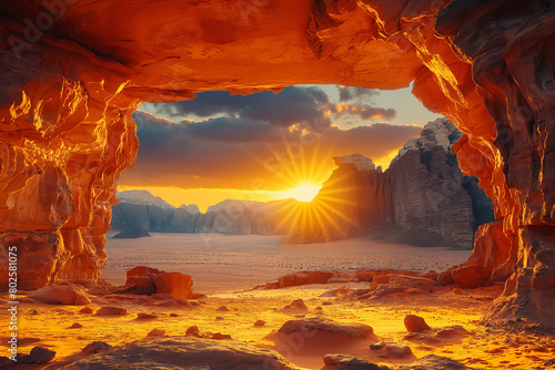 Majestic Sunset View Through a Desert Rock Archway