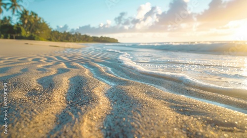 A close up of a sandy beach with waves crashing onto the shore  showcasing the beauty of natures water and wind waves in a natural landscape AIG50