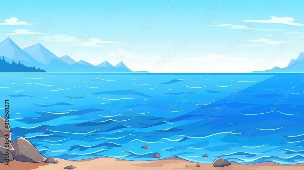 Serene lakeside cartoon illustration, with a clear sky above and mountains in the distance