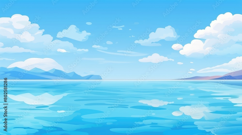 Obraz premium Serene cartoon illustration of a vast blue sky meeting the calm sea, with fluffy clouds reflecting on the water
