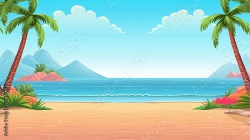 Sunny beach cartoon illustration with palm trees and ocean view