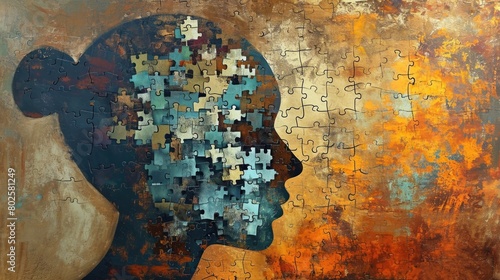 The adult female human head look at side view in the contemplation that has been created from the scattered and uncompleted colourful jigsaw puzzles by gather them in form of the woman head. AIGX03.