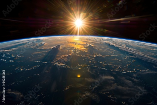 Sunrise view of the planet Earth from space with the sun setting over the horizon - generative ai