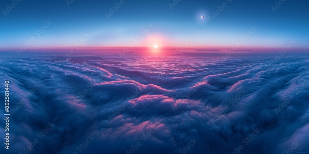 sun is softly setting over a sea of clouds in the sky, casting a warm ...