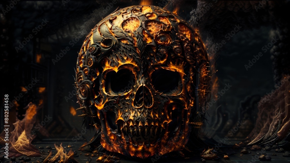 Obraz premium 不気味に燃えるドクロ,Generative AI AI画像