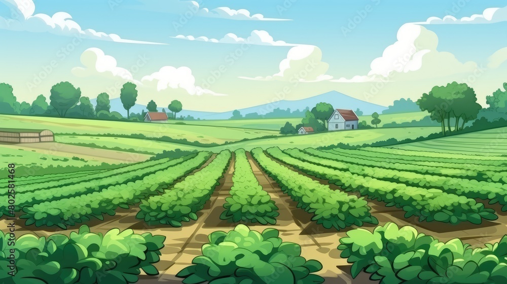 Serene cartoon illustration of a rural landscape with vibrant green agriculture fields under a clear sky