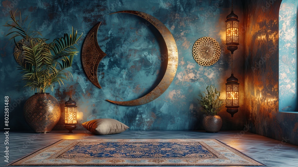 Elegant Islamic Decor With Crescent Moons and Lanterns in a Serene Room Elegant Islamic Decor With Crescent Moons and Lanterns in a Serene Room