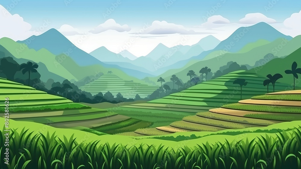 Serene cartoon illustration of terraced rice fields with a backdrop of rolling hills under a clear sky Serene cartoon illustration of terraced rice fields with a backdrop of rolling hills under a clear sky