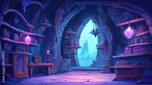 Mystical alchemist’s room filled with ancient books, glowing potions, and magical artifacts for spellcasting and wizardry photo