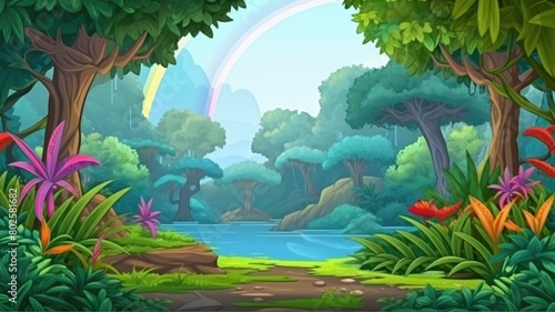 Enchanting cartoon illustration of a rainbow gracing the sky after rain over a lush forest landscape