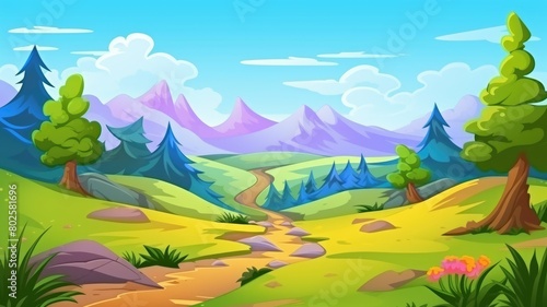 Serene cartoon illustration of a natural landscape with lush greenery  a winding river  and majestic mountains under a soft orange sky