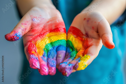 Image of a rainbow painted with finger paint on a child's hands. Concept of equality, diversity, and tolerance. photo