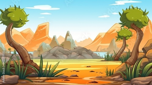 Serene nature landscape  cartoon illustration with lush greenery and distant mountains under a clear sky