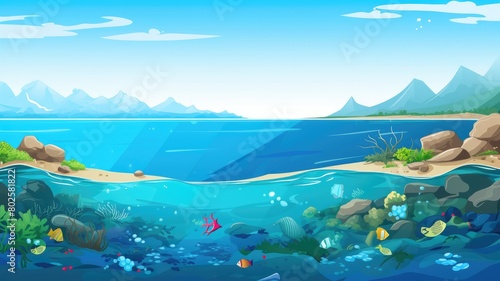 Serene seaside cartoon illustration showcasing a vibrant underwater ecosystem and a clear blue sky