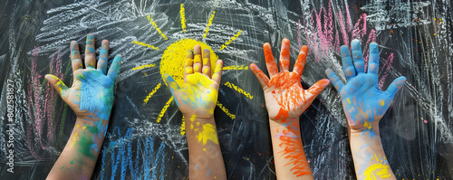 Children's hands stained with colorful chalk against a background of a chalkboard with suns drawn, with space for copy. Image for banner, website, or advertisement. Concept of childhood and happiness.