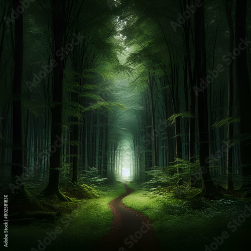 Enchanting Mystical Moody Fantasy Foggy Dark Green Scenic Forest up a Footpath Path Road in the Middle Leading to Ethereal Dappled Sunlight Light Streams Travels Down at End of Tunnel. Heaven, Victory