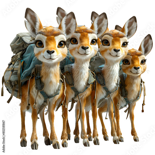 A 3D animated cartoon render of a graceful gazelle leading lost hikers to safety. © Render John