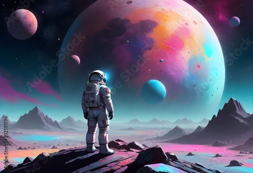 Alone astronaut standing on a rocky with nebulous sky, create with ai