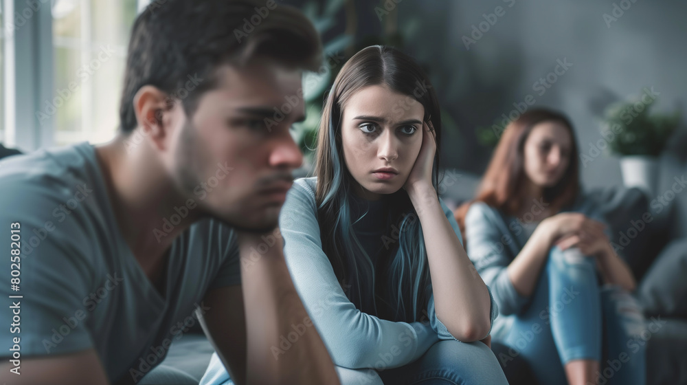 Family therapy. A serious girl and a man are listening to a psychotherapist. Blue tone.