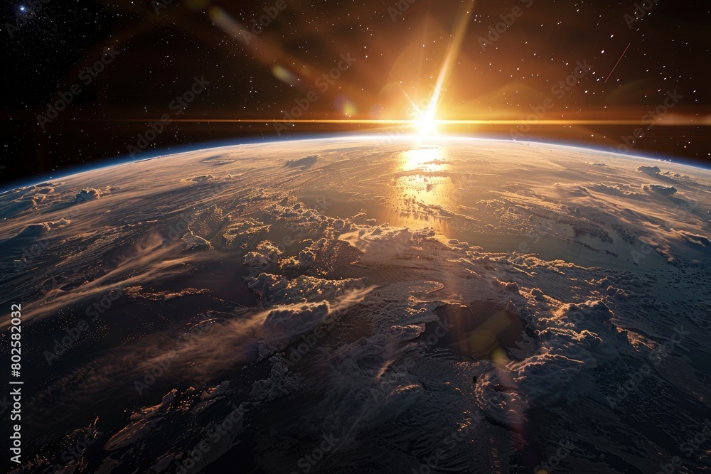 Sunrise view of the planet Earth from space with the sun setting over the horizon - generative ai Sunrise view of the planet Earth from space with the sun setting over the horizon - generative ai