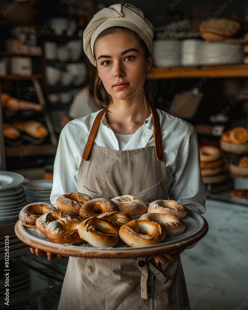 A serious girl in a headscarf holds pastries on a tray in a bakery. A serious girl in a headscarf holds pastries on a tray in a bakery.