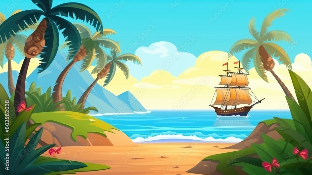 Idyllic tropical beach cartoon illustration with a sailing ship on the horizon and lush palm trees